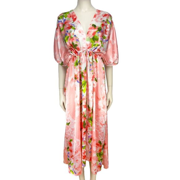 OSCAR DE LA RENTA Vtg Satin Pink Floral Luxury Maxi Haute Couture Dress S/M - Picture 1 of 16